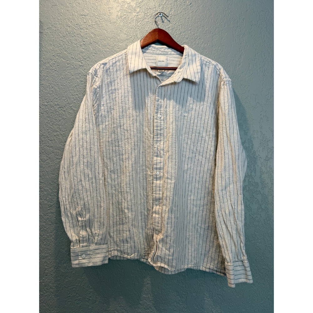 Calvin Klein Mens XXL Linen Cotton Blend Striped Button Down Shirt Classic Fit